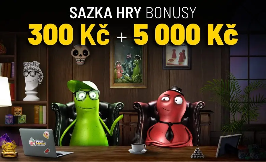 Bonusová nabídka Radioservis Hry: Získejte 300 Kč a až 5 000 Kč navíc Dvě animované postavy v kanceláři propagují bonusy Radioservis Hry ve výši 300 Kč + 5 000 Kč